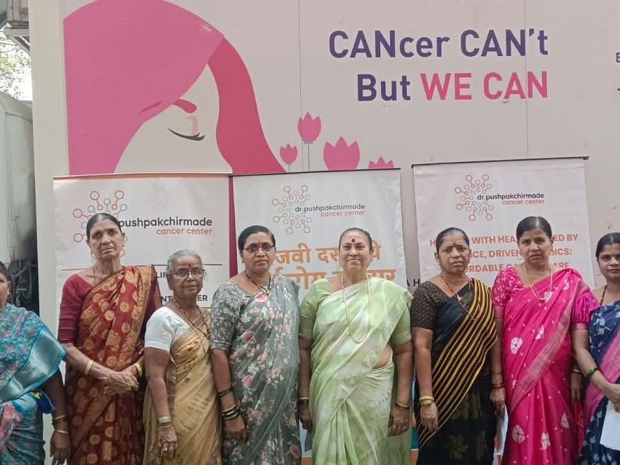 Participants at the mobile mammography unit during the free screening camp
